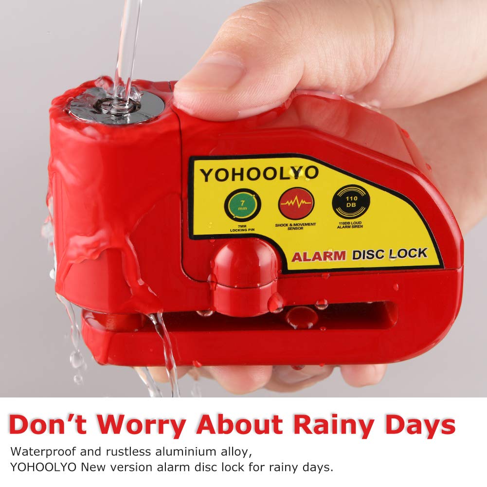 YOHOOLYO Alarm Disc Lock Motorcycle Disc Brake Lock Anti-Theft Waterproof 110 dB 7mm Pin 5ft Reminder Cable for Motorcycles Bike Scooter Carry Pouch (Black)