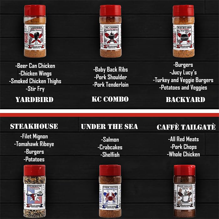 THE TAILGATE FOODIE Rare Pitmaster Gourmet Seasonings | 8 pc Grill Essentials Gift Set | 6 Secret Competition BBQ Spice Blends for Ribs, Pork, Brisket, Chicken, Fish, Steak *Great Christmas Gift*