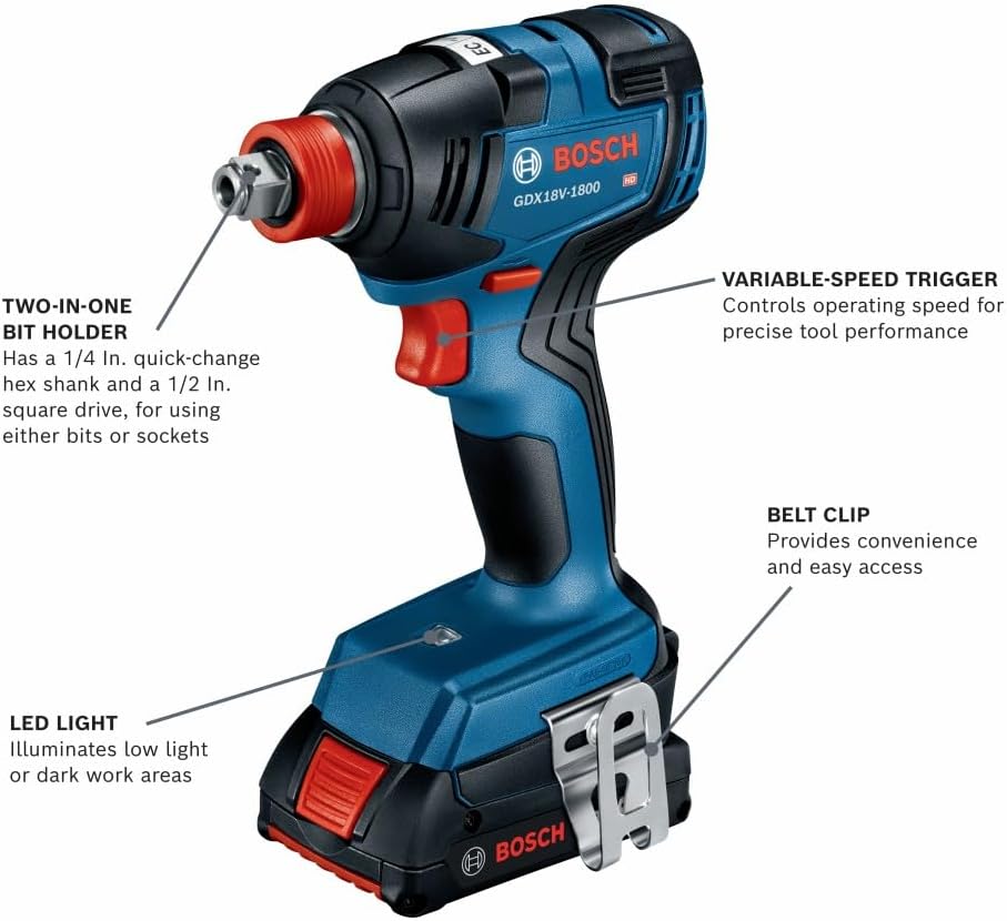 BOSCH GXL18V-497B23 18V 4-Tool Combo Kit with 2-In-1 1/4 In. and 1/2 In. Bit/Socket Impact Driver, 1/2 In. Hammer Drill/Driver, Circular Saw, Worklight with (1) CORE18V 4 Ah Battery & (1) 2 Ah Battery