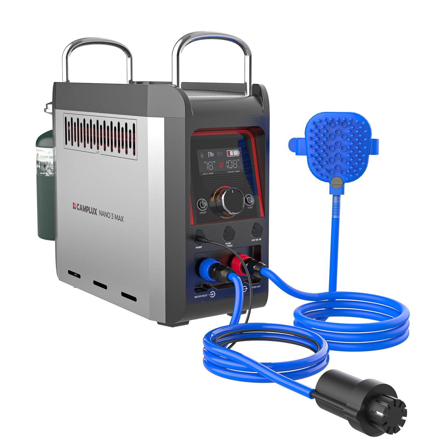 CAMPLUX Battery Powered Portable Water Heater, 1 lb On-Demand Propane Camping Shower Nano 3 Pro, On Ground Camp Water Heater & Shower Pump