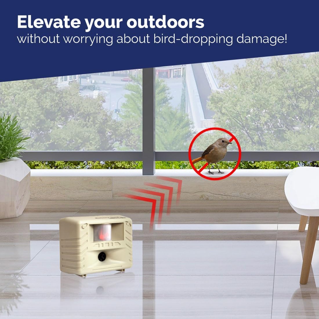 Bird-X Balcony Gard, Ultrasonic Bird Preventer, Outdoor Bird Decoy with Motion-Sensor, Easy to Install, Covers up to 900 sq. ft., 15 to 25 kHz Frequency, 6.75" x 5.5" x 3.5"