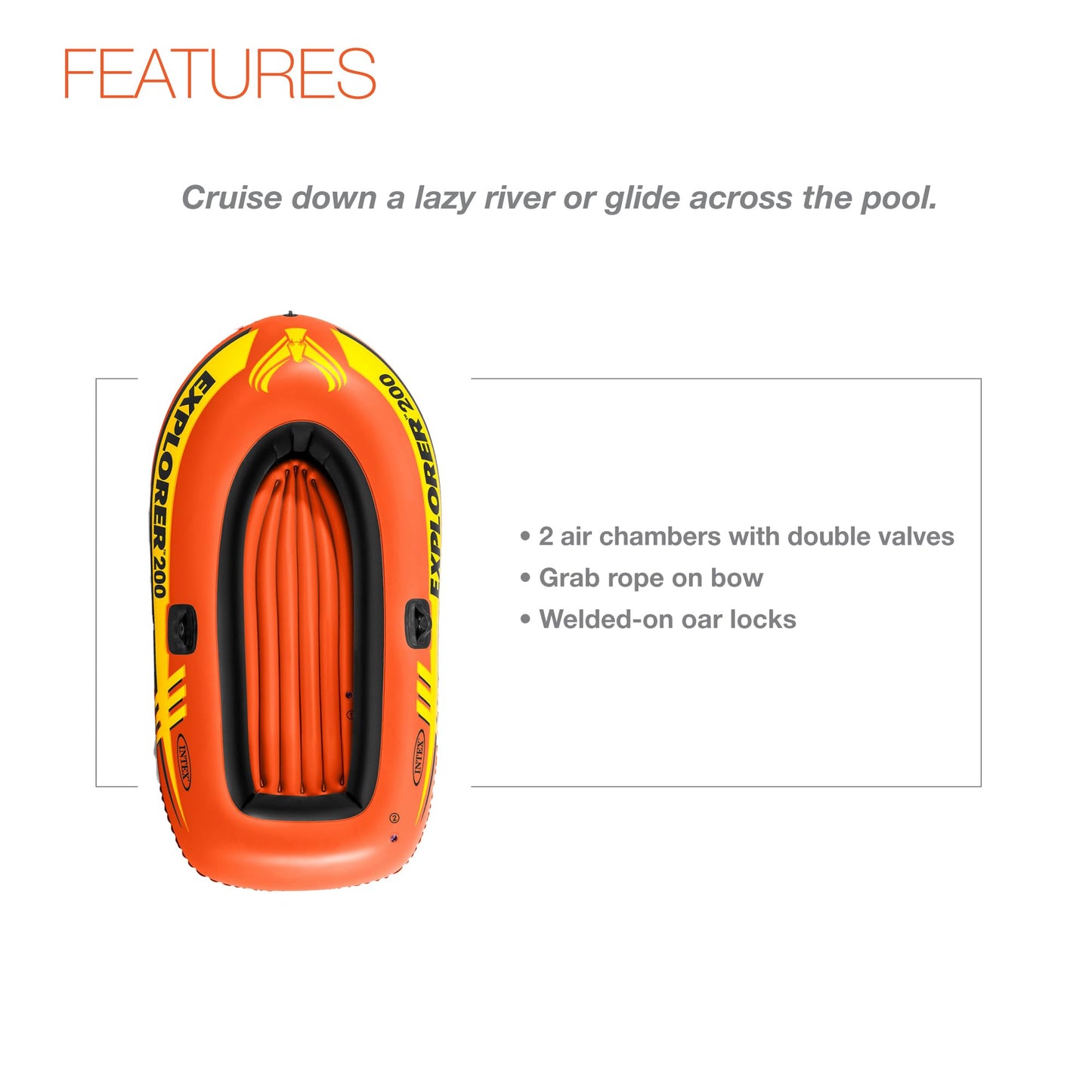 INTEX Explorer Inflatable Boat Series: Dual Air Chambers – Welded Oar Locks – Grab Handles – Bow Rope – Sporty Design