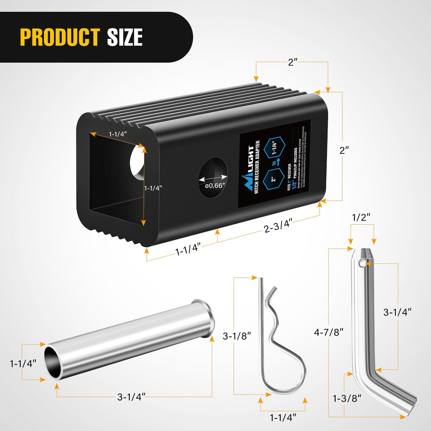 Nilight Trailer Hitch Receiver Extender Adapter Reducer 1-1/4 to 2Inch Hitch Adapter 6-1/2 inch Extension Sleeve Convertor 350Lbs with 1/2-Inch Diameter Pin and Clip with 5/8-Inch Adapter