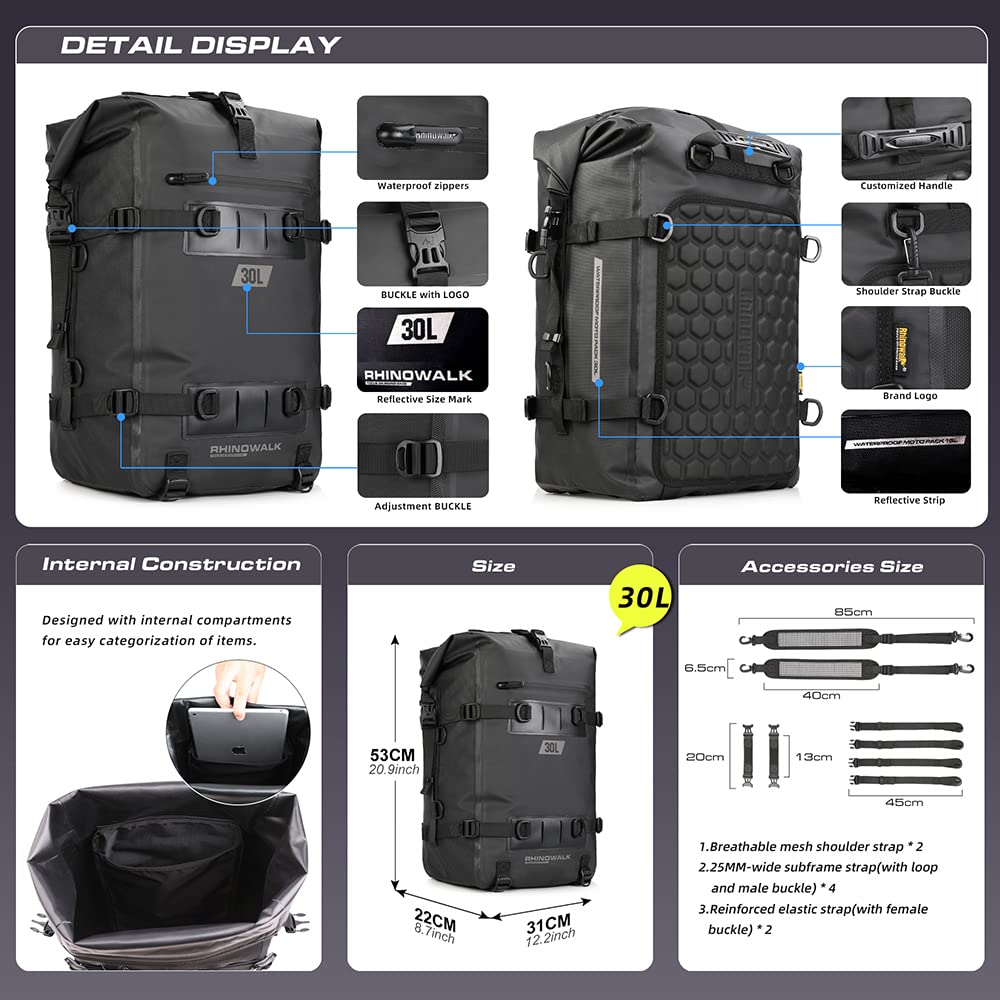 Rhinowalk Motorcycle Tail Bag Motorbike Side Bag 8L Full Waterproof Motor Saddle Pannier Bag Rear Rack Trunk Professional Motor Accessories-Black