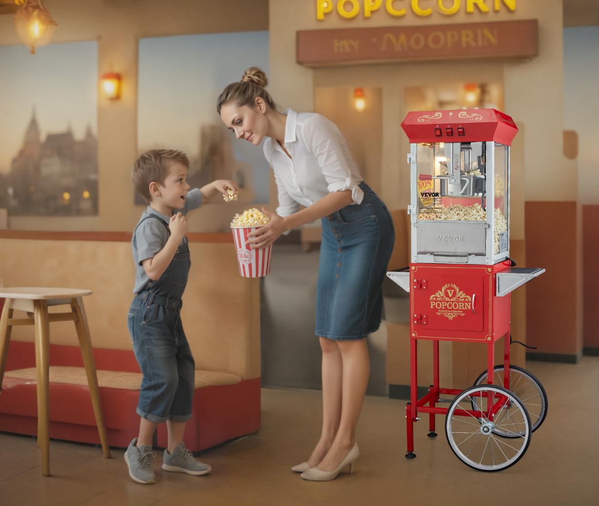 VEVOR Commercial Popcorn Machine, 8 Oz Kettle, 850 W Countertop Popcorn Maker for 48 Cups per Batch, Theater Style Popper with 3-Switch Control Steel Frame Tempered Glass Doors 2 Scoops 2 Spoons, Red