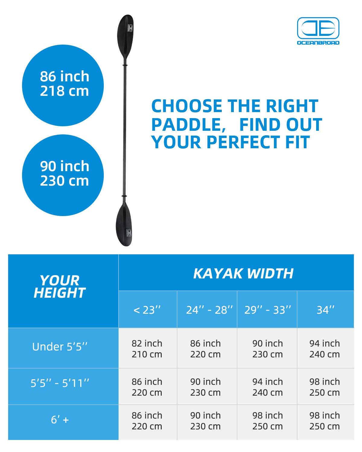 OCEANBROAD Carbon Fiber Kayak Paddle 90.5in/230cm, 86in/218cm for Adults Kayaking Boating Canoeing Oar with Paddle Leash