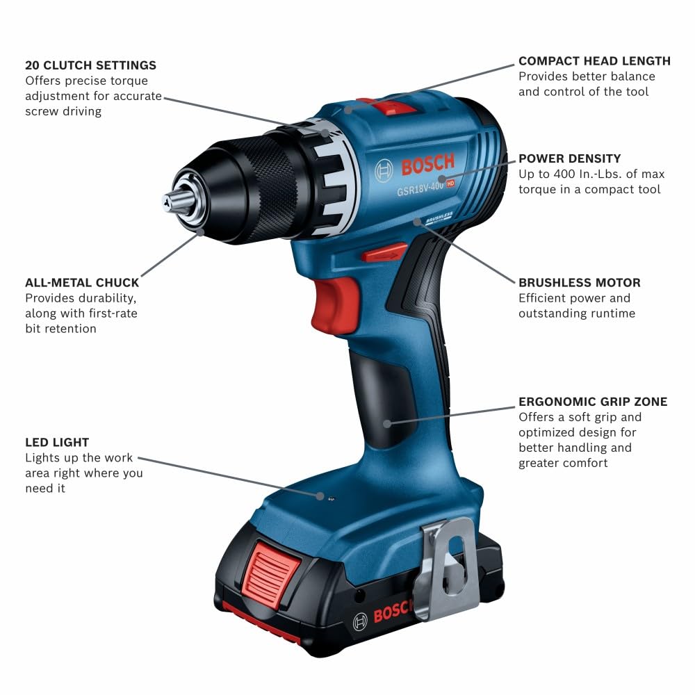 BOSCH GSR18V-400B12 18V Compact Brushless 1/2 In. Drill/Driver Kit with (1) 2.0 Ah SlimPack Battery