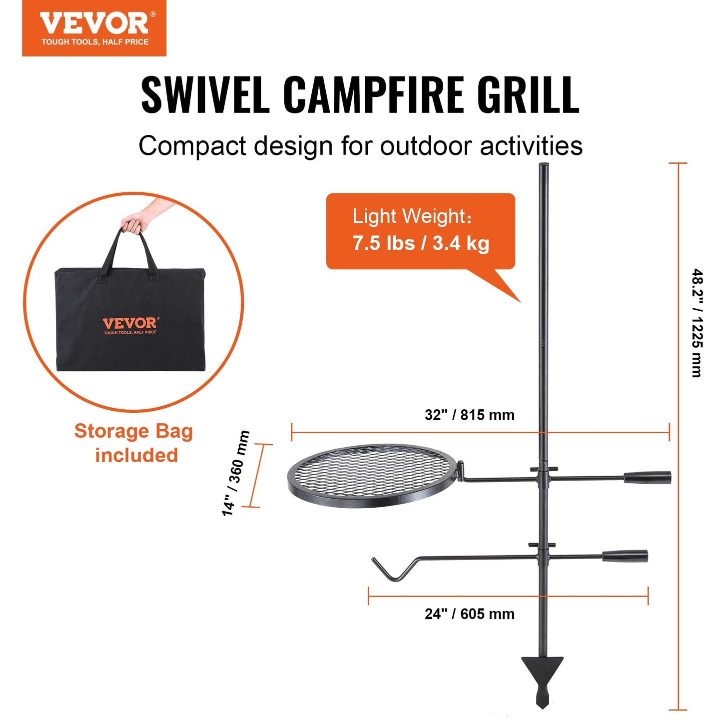 VEVOR Folding Campfire Grill, Heavy Duty Steel Mesh Grate, 22.4" Portable Camping Grates Over Fire Pit, Camp Fire Cooking Equipment with Legs Carrying Bag, Grilling Rack for Outdoor Open Flame Cooking