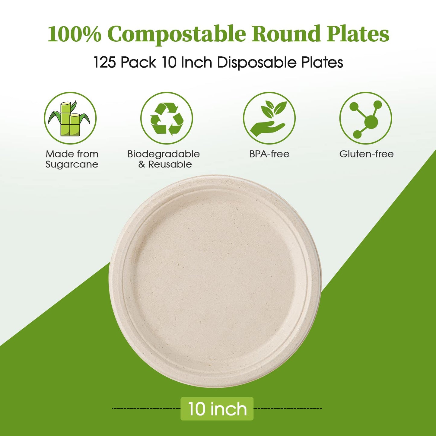 ECOLipak 100% Compostable 10 Inch Heavy Duty Paper Plates, 150 Pack Disposable Biodegradable Eco-friendly Sugarcane Bagasse Plates for Dinner Party(White)