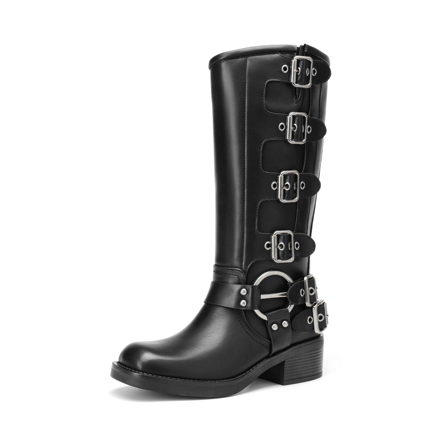 DREAM PAIRS Women's Knee High Riding Boots Slip On Motorcycle Boots Square Toe Chunky Heel Fashion Buckles Biker Boots