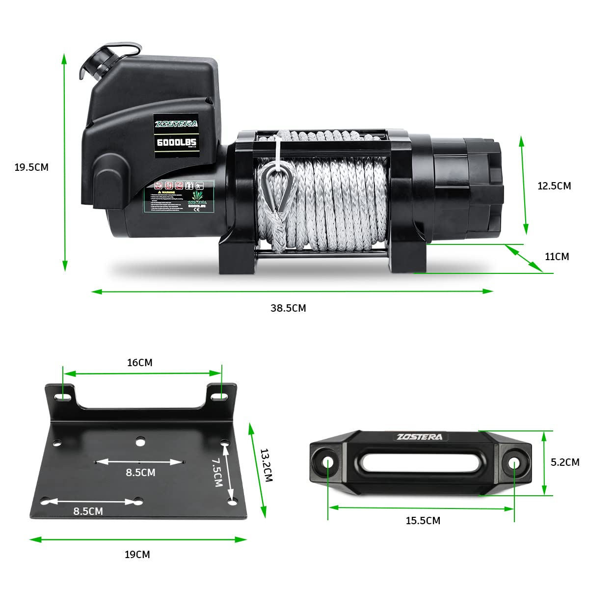 3500lbs ATV/UTV Winch with Synthetic Rope, Electric Boat Trailer Winch 12V, Waterproof Winch with 2 Wireless Remotes &Wired Switch,with Mounting Plate,Pulley,Rope Damper,Aluminium Fairlead