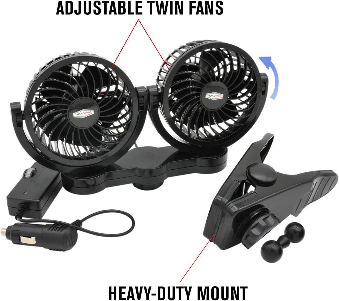 RoadPro RPSC8572 12-Volt Dual Fan with Mounting Clip, Black, 10X7X12