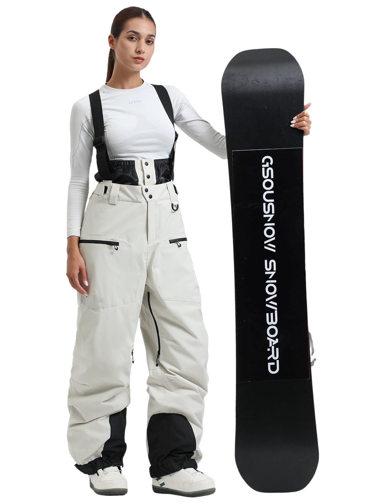 GSOU SNOW Men Snow Bibs Women Loose Ski Pants Snowboard Overall Insulated Waterproof Windproof Warm Winter Beige M