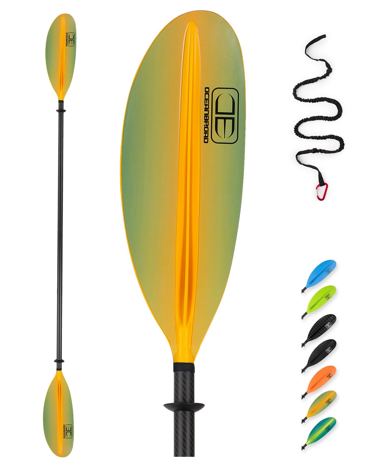 OCEANBROAD Carbon Fiber Kayak Paddle 90.5in/230cm, 86in/218cm for Adults Kayaking Boating Canoeing Oar with Paddle Leash