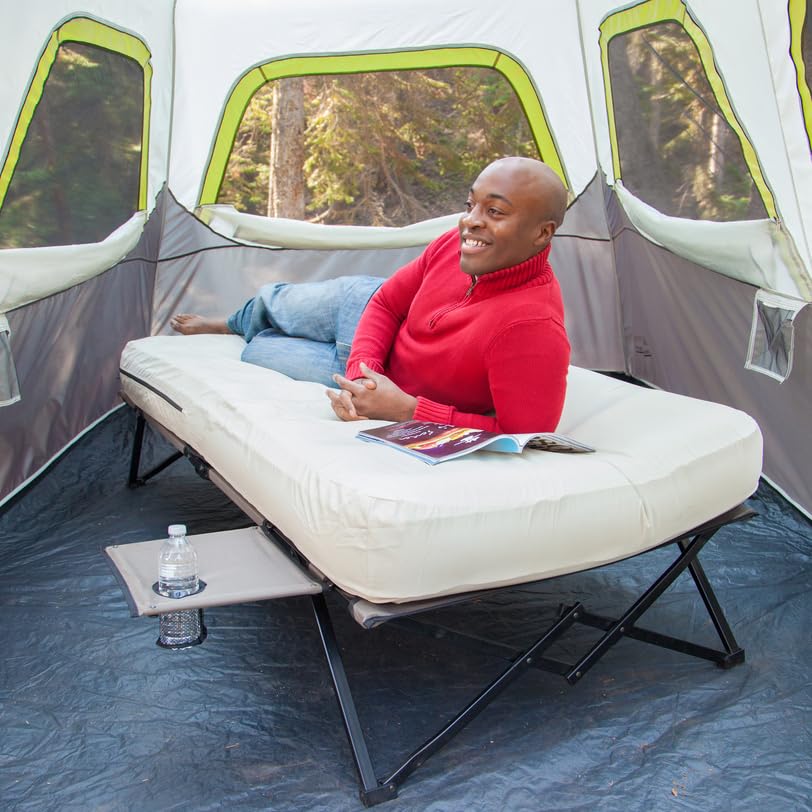 Coleman Queen-Size Airbed Cot Combination, Folding Air Mattress with Steel Frame & Side Table, Battery Pump Included