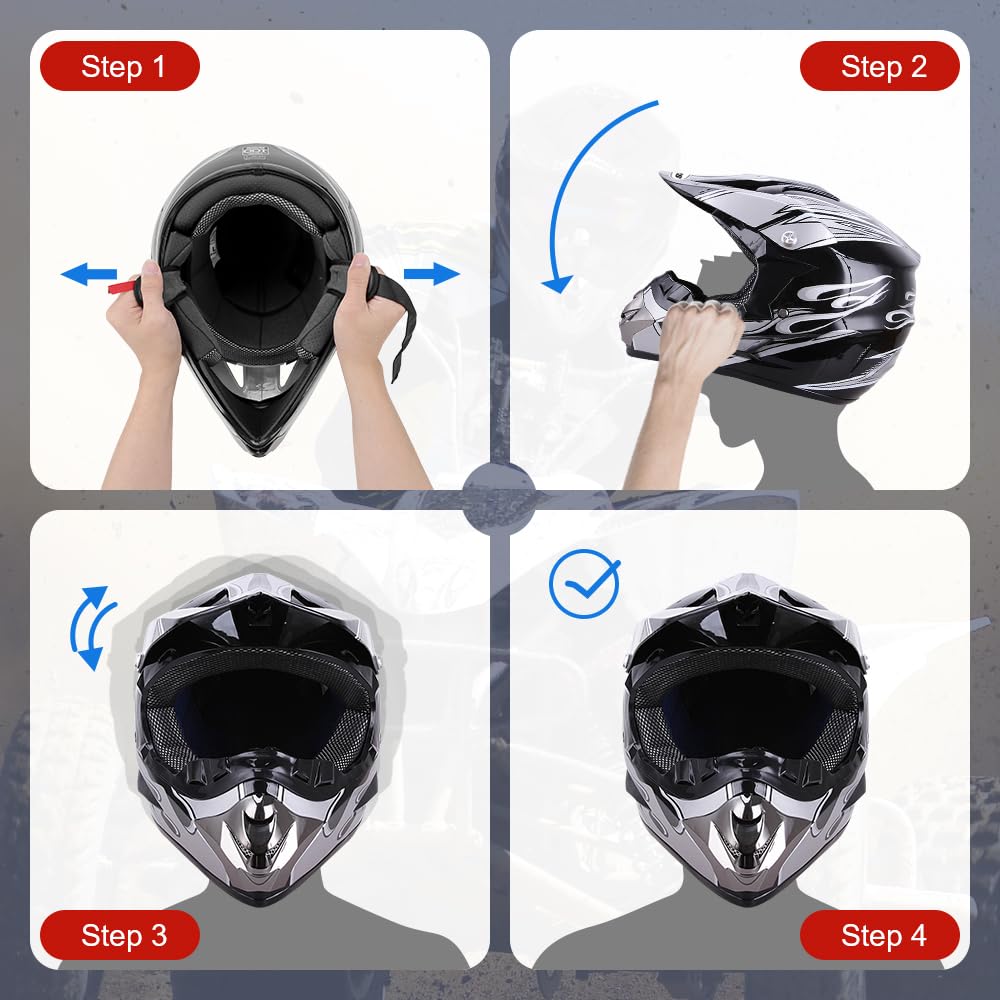 Adult Motocross Dirt Bike Helmet with Goggle, Gloves & Mask - DOT/FMVSS-218 Off-Road Motorcycle & ATV Helmet with Adjustable Sun Visor