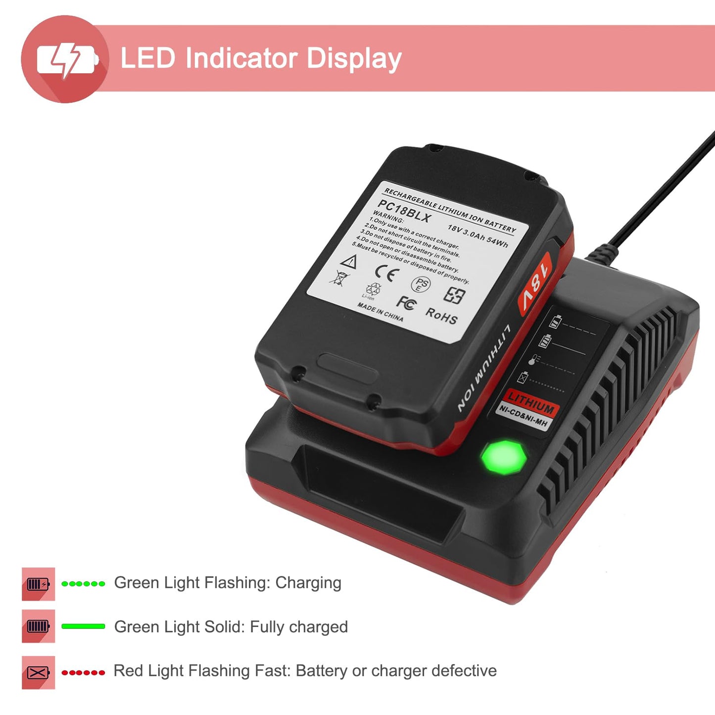 2 Packs 18V Lithium PC18BLX Battery and PCXMVC Charger Compatible with Porter Cable 18V Battery PC18B PC18B-2 PC18BL PC18BLX PC18BLEX