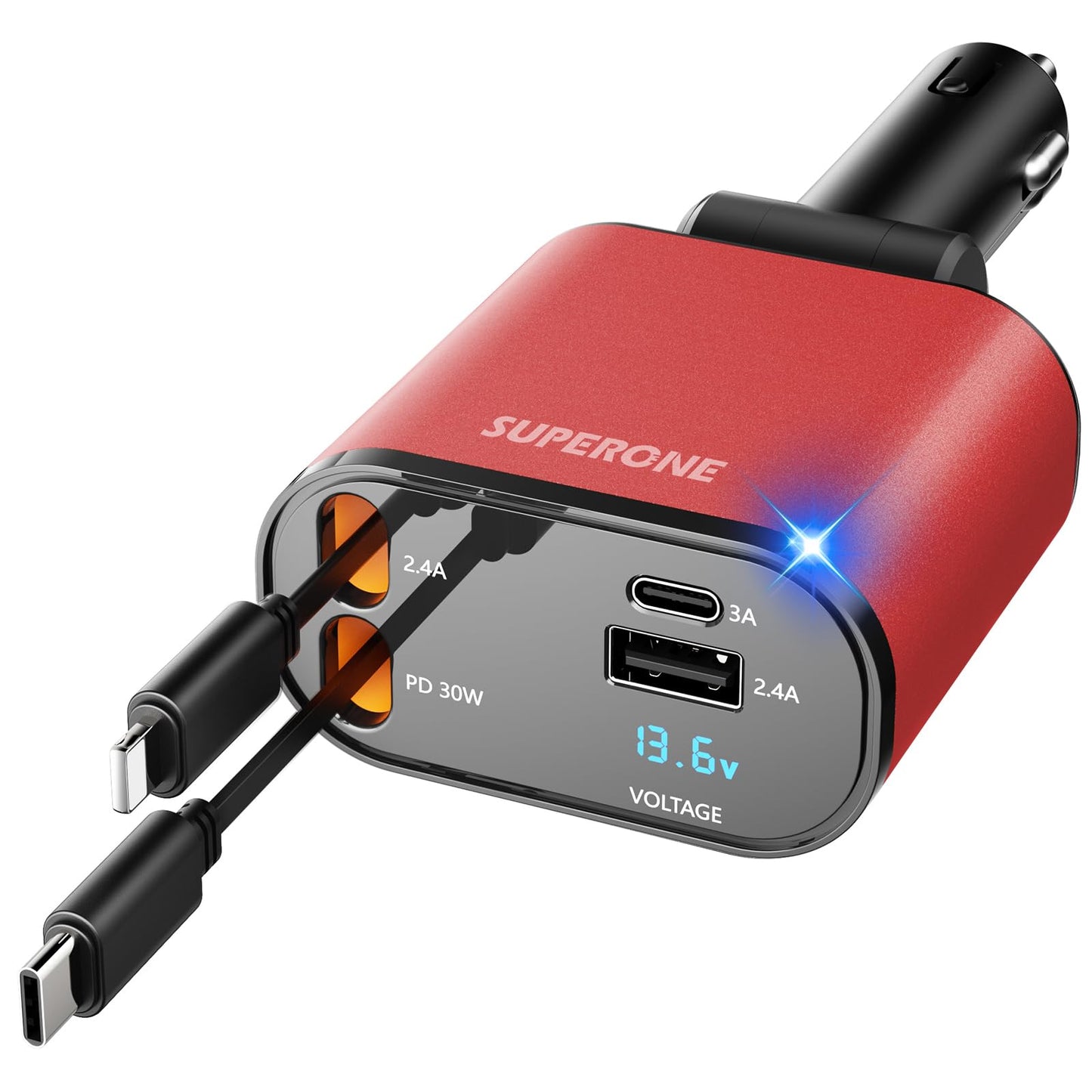【Upgraded】 SUPERONE Retractable Car Charger 4 in 1, Fast Car Phone Charger with Cord 2.6ft, USB C and Apple Car Adapter, Compatible with iPhone 16 15/15 Pro Max/14/13/12/11, Galaxy, Pixel