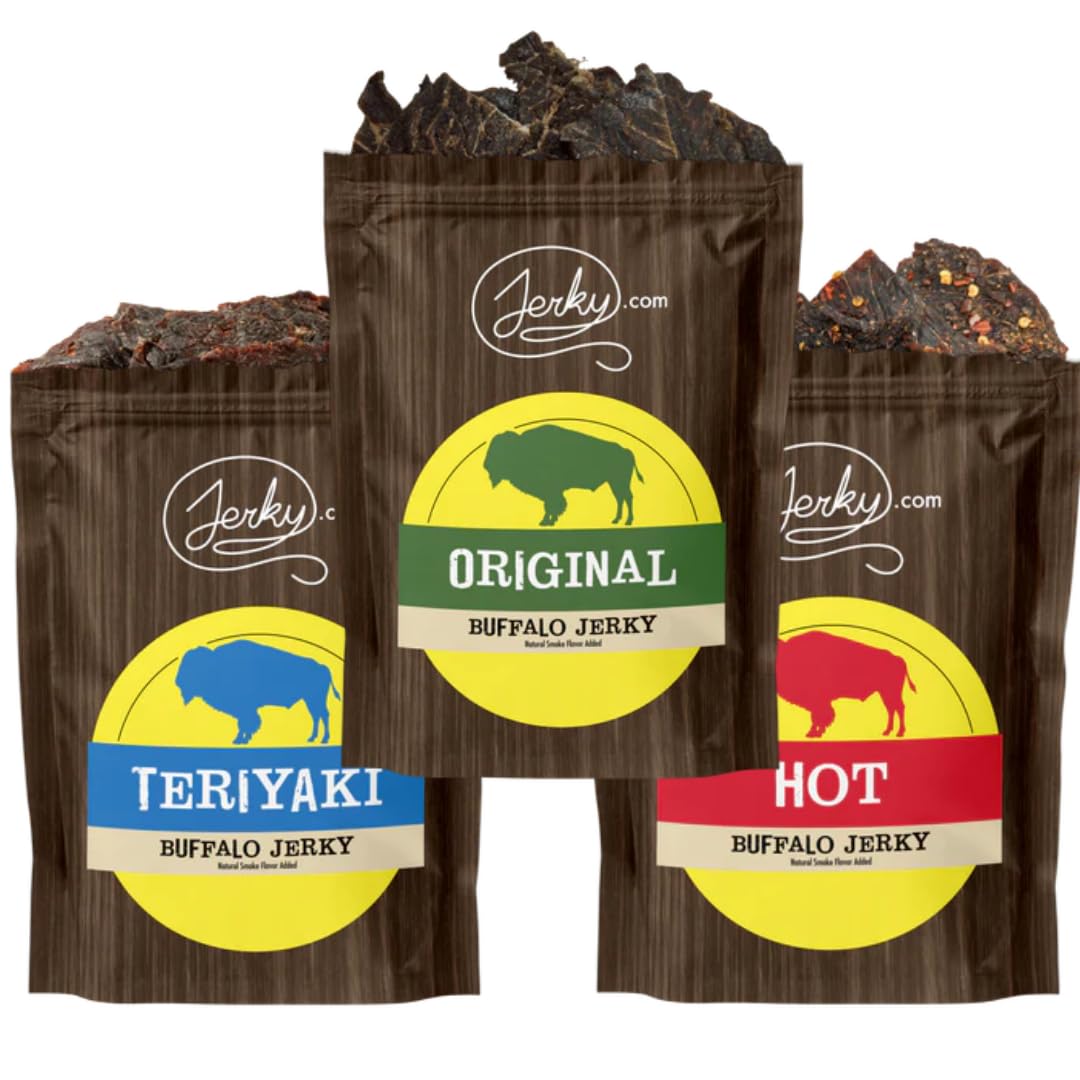 Jerky.com Original Buffalo Jerky 3-Pack - Exotic Jerky High Protein, Gluten-Free, All-Natural Exotic Snack - Premium Wild Game Meat - Perfect for Hiking, Camping, and On-the-Go 1.75oz (Pack of 3)