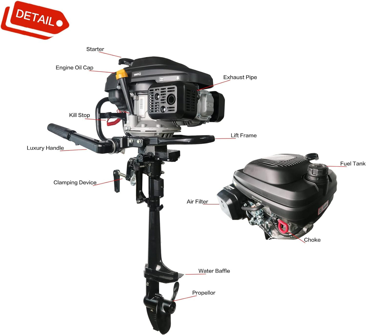 4 Stroke 7.5 HP Outboard Engine 196cc Air Cooling System Outboard Boat Motor with Luxury Handle, Kill Urgent Stop Switch, Outboard Engine Cover