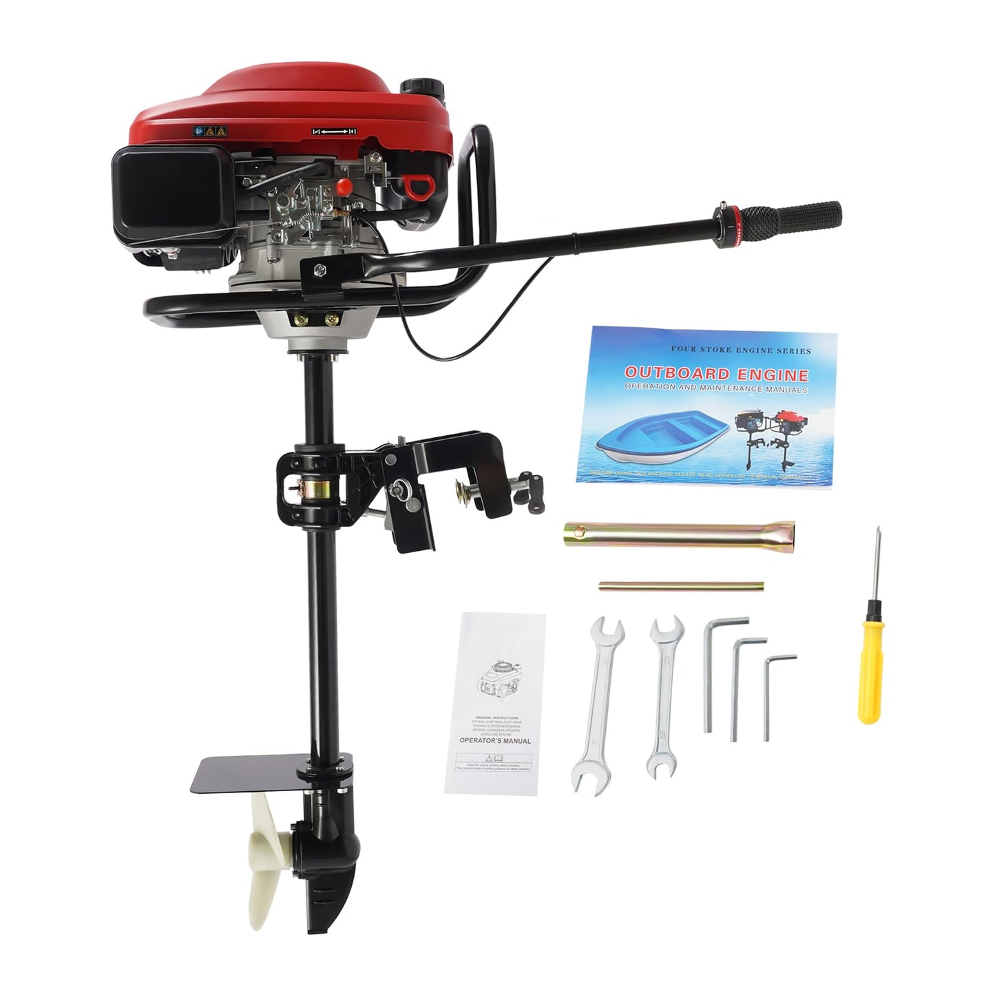 6HP Heavy Duty Outboard Motor, 170cc 4 Stroke Gas Outboard Boat Motor Engine with Air Cooling System, 3.2KW Single Cylinder Fishing Boat Engine for 3-7m Length