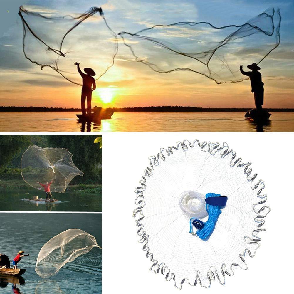 Yeahmart American Saltwater Fishing Cast Net for Bait Trap Fish 3ft/4ft/5ft/6ft/7ft/8ft/9ft/10ft Radius Casting Nets with Heavy Duty Real Zinc Sinker Weights, 3/8inch Mesh Size