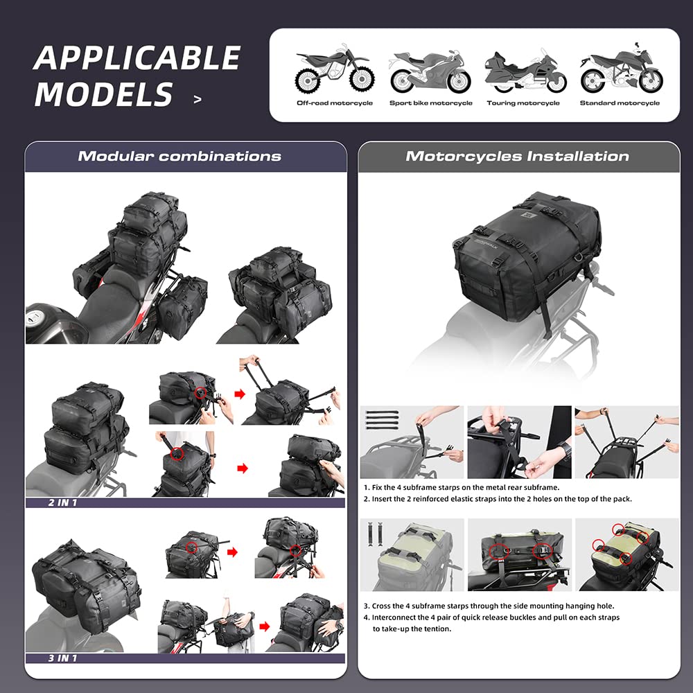 Rhinowalk Motorcycle Tail Bag Motorbike Side Bag 8L Full Waterproof Motor Saddle Pannier Bag Rear Rack Trunk Professional Motor Accessories-Black
