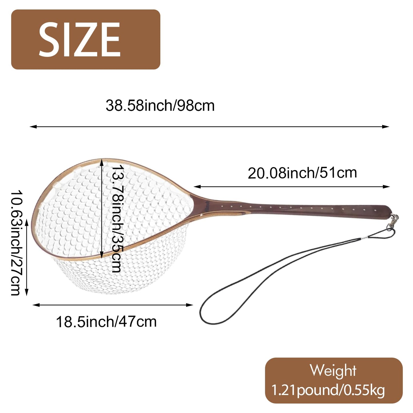 Aventik Fly Fishing Landing Net Trout Fishing Wooden with Measuring Mark Soft Rubber Net Bag Catch & Release