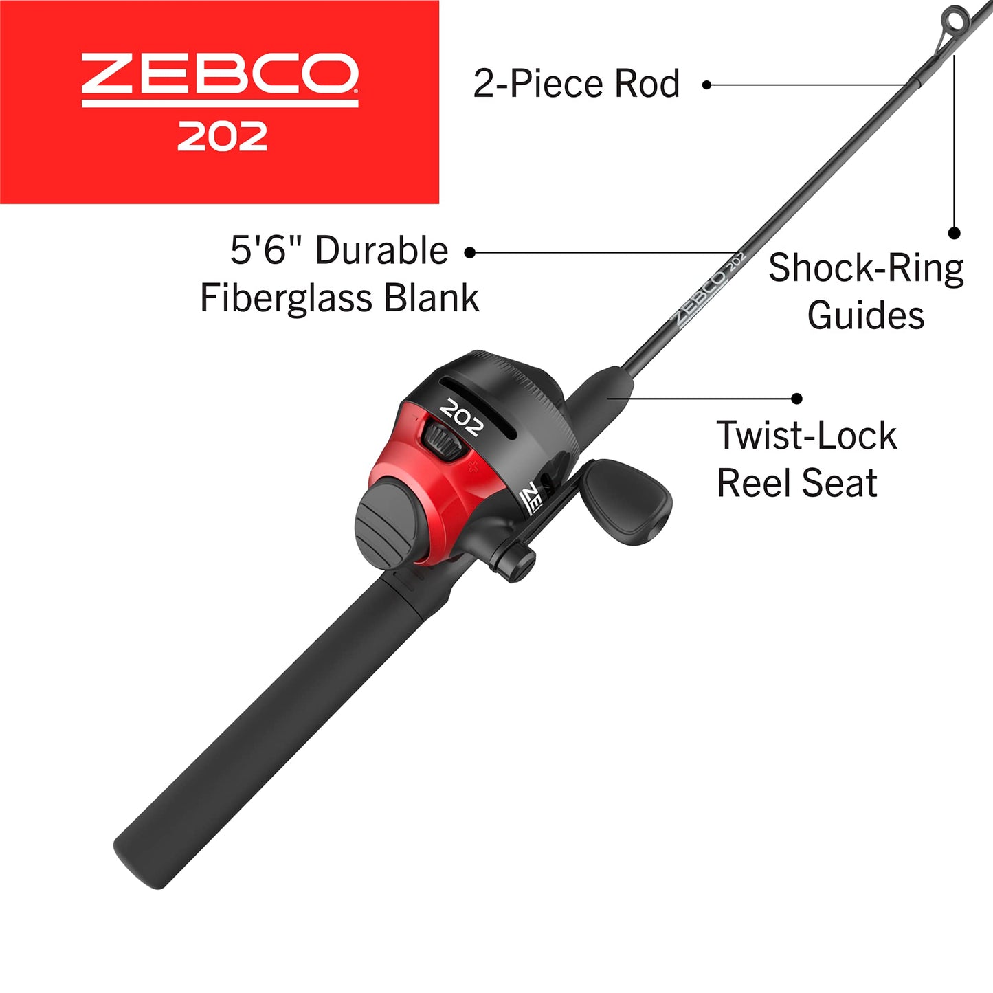 Zebco 202 Spincast Reel and Fishing Rod Combo, 5-Foot 6-Inch 2-Piece Fishing Pole, Size 30 Reel, Right-Hand Retrieve, Pre-Spooled with 10-Pound Cajun Line, Black/Red
