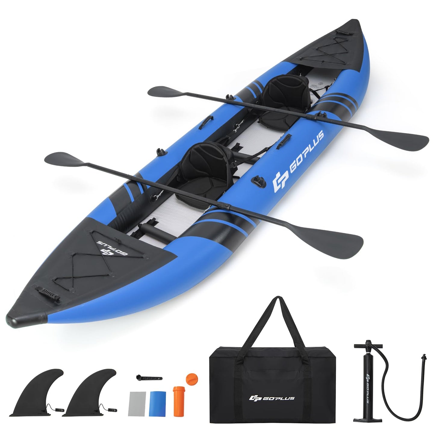 Goplus Inflatable Kayak, 2-Person Kayak Set for Adults with 507 LBS Weight Capacity, 2 Aluminium Oars, EVA Padded Seat, 2 Fins, Hand Pump, Carry Bag, Repair Kit, Portable Touring Kayaks