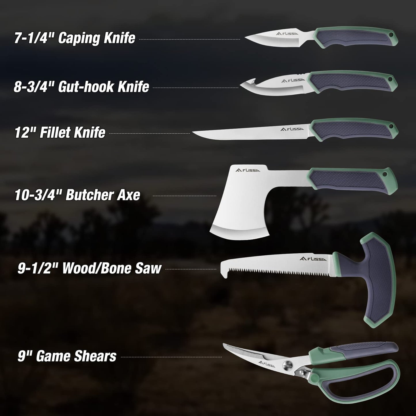 FLISSA Hunting Field Dressing Kit, 10 Piece Hunting Knife Set with Skinning Knife, Butcher Game Processing Kit with Portable Storage Case for Deer, Meat Processing, Fishing, Camping, Survival