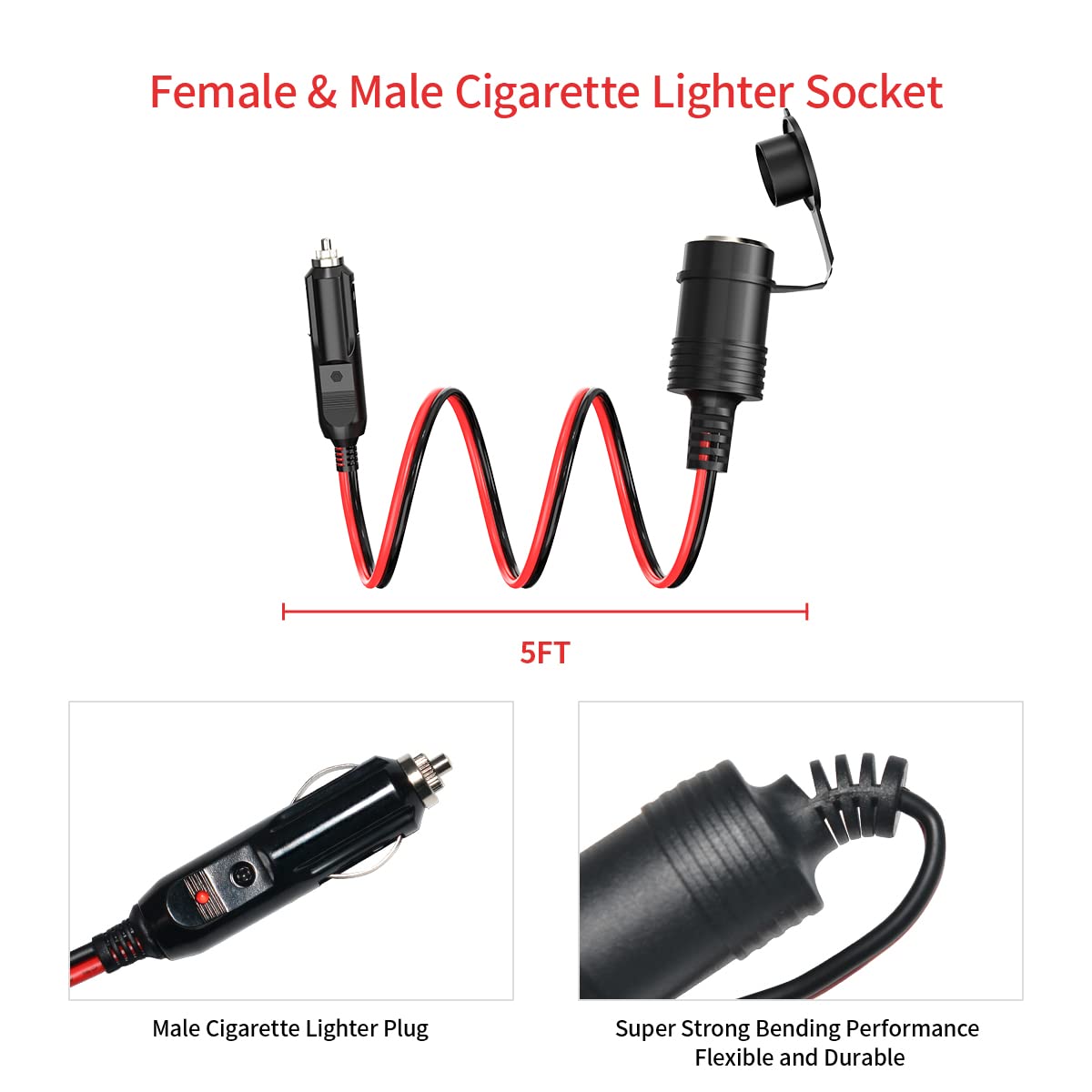 14AWG Cigarette Lighter Extension Cord 12V Cigarette Lighter Male Plug to Female Socket Extension Cable for Air Compressor Tire Inflators(10FT)