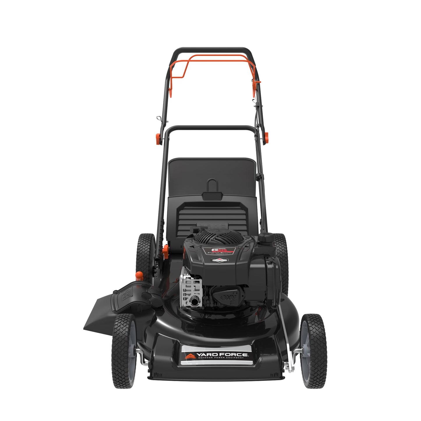 Yard Force Self Propelled Lawn Mower Briggs & Stratton 150cc Gas Engine 22-inch Steel Deck 3-in-1 Mulch, Bag, Side Discharge, 12-inch High Rear Wheels