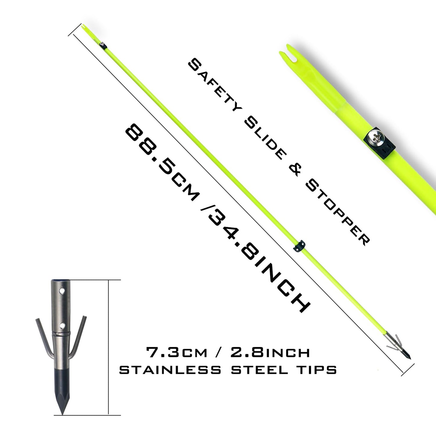 34inch Bowfishing Arrows Solid Fiberglass Shaft with Broadhead for Compound Bow and Recurve Bow Fishing Arrow Archery and Hunting (Pack of 6)