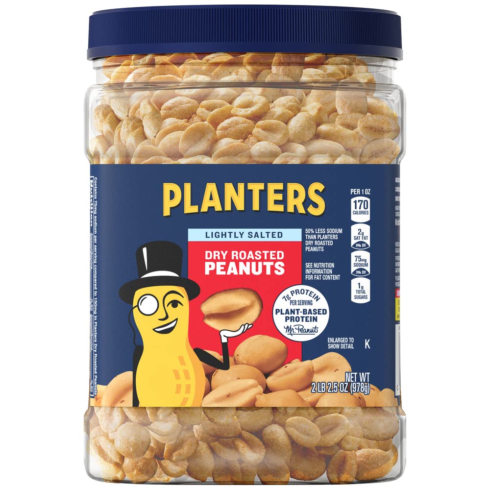 PLANTERS Peanuts, Lightly Salted Peanuts, Dry Roasted, Snacks for Adults, (6 ct Pack, 2.2 lb Containers)