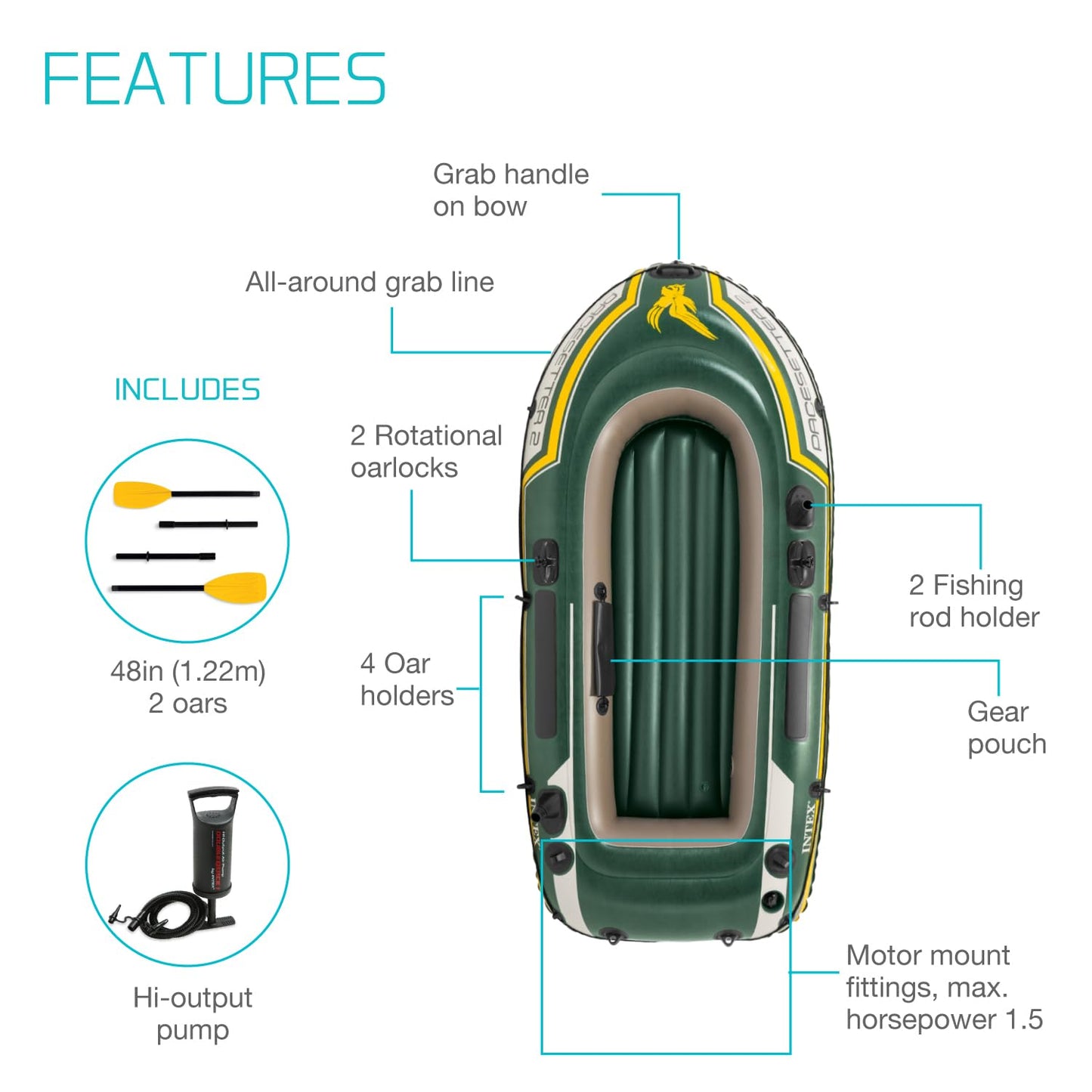 INTEX Seahawk Inflatable Boat Series: Includes Deluxe Aluminum Oars and High-Output Pump – SuperStrong PVC – Fishing Rod Holders – Heavy Duty Grab Handles – Gear Pouch