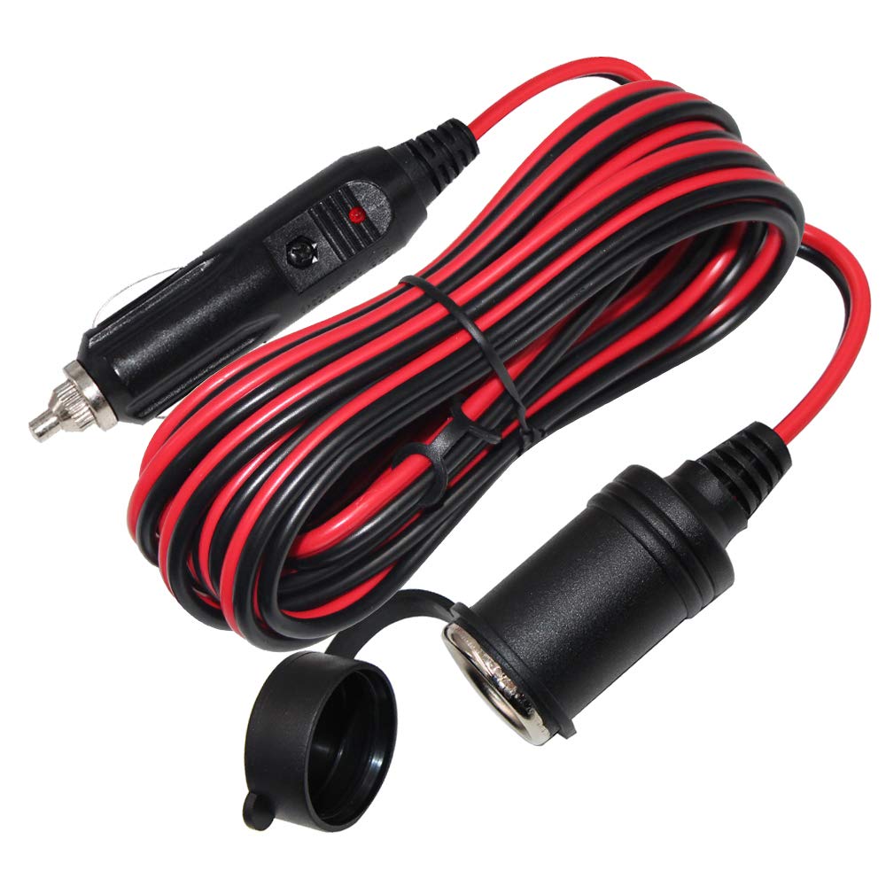 12V Cigarette Lighter Extension Cord 12FT -Car Charger Cigar Lighter Male Plug to Female Socket 16AWG Heavy Duty Extension Cable with LED Lights Extender for Air Compressor Pump and Tire Inflator 15A