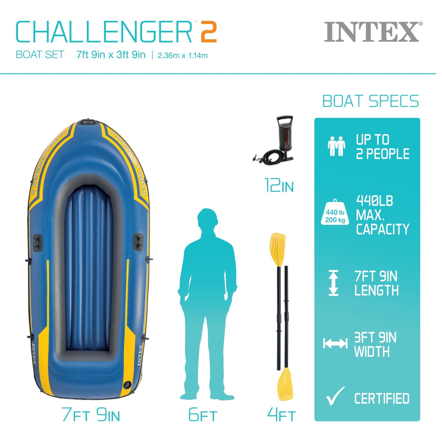 INTEX Challenger Inflatable Boat Series: Includes Deluxe Boat Oars and High-Output Pump – SuperStrong PVC – Triple Air Chambers – Welded Oar Locks – Heavy Duty Grab Handle