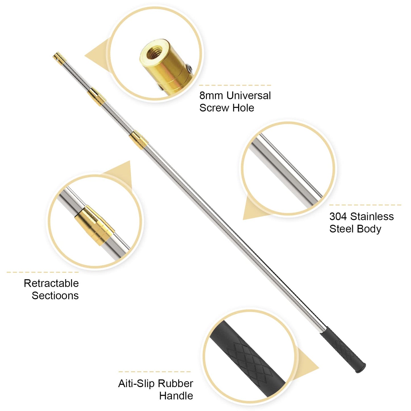 Cyfie Retractable Fishing Gaff, Stainless Steel Flounder Gig Frog Gig Gaff Pole, Muti-Size Telescopic Fishing Gaff with 8mm Screw, Capable for Gaff Harpoon Hook