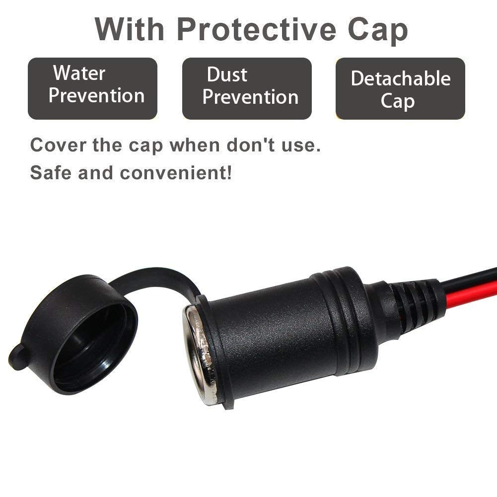 SPARKING 12FT 12V Female Car Socket Extension Cord with Battery Alligator Clips Car Battery Clip-on Extension Cable, 15A Fuse (12FT)