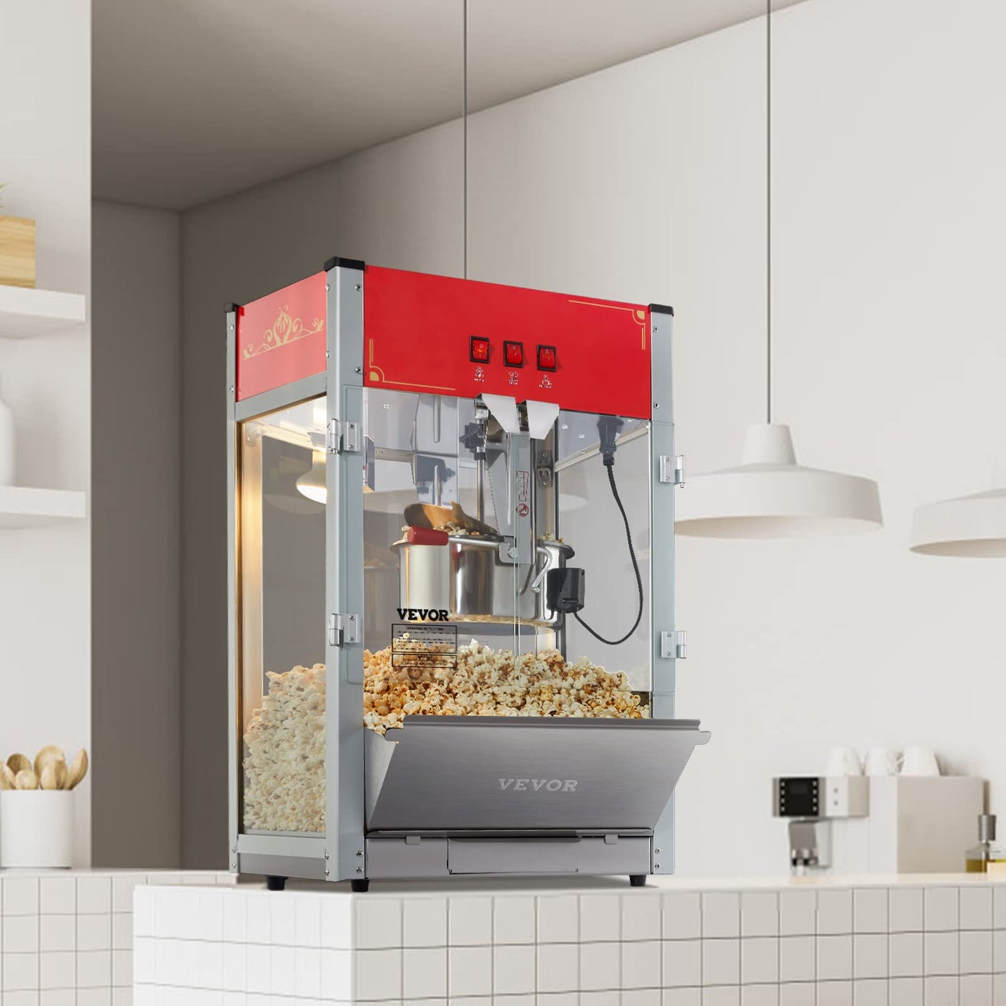 VEVOR Commercial Popcorn Machine, 8 Oz Kettle, 850 W Countertop Popcorn Maker for 48 Cups per Batch, Theater Style Popper with 3-Switch Control Steel Frame Tempered Glass Doors 2 Scoops 2 Spoons, Red
