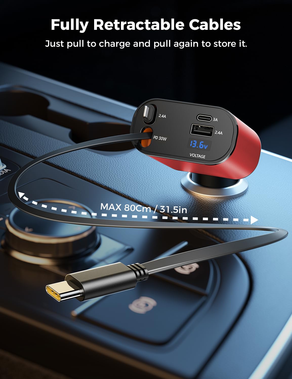 【Upgraded】 SUPERONE Retractable Car Charger 4 in 1, Fast Car Phone Charger with Cord 2.6ft, USB C and Apple Car Adapter, Compatible with iPhone 16 15/15 Pro Max/14/13/12/11, Galaxy, Pixel