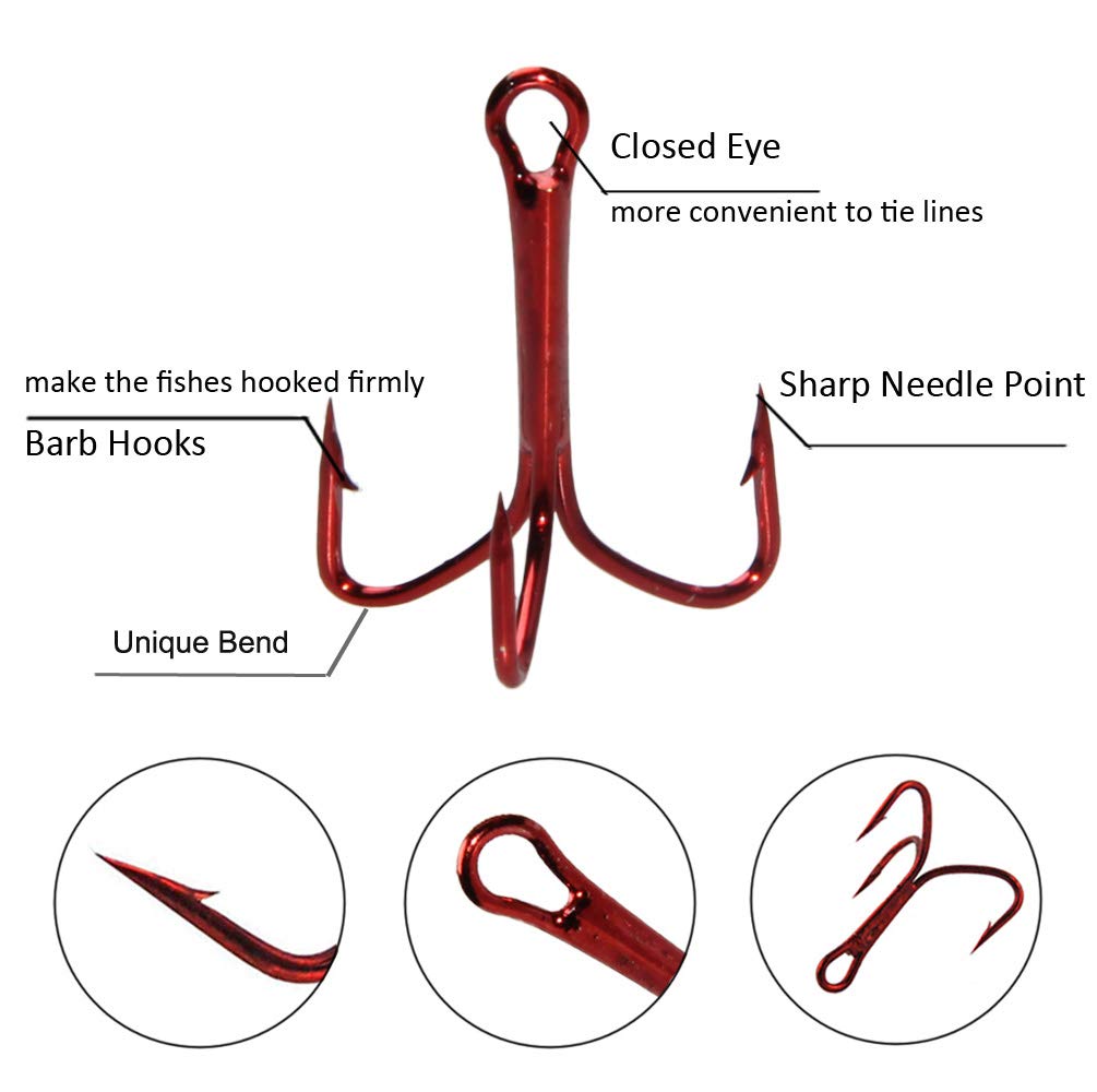 JSHANMEI Fishing Treble Hooks Kit - High Carbon Steel Hooks Strong Sharp Round Bend Treble Fishing Hooks for Hard Bait Lures Saltwater Freshwater Fishing