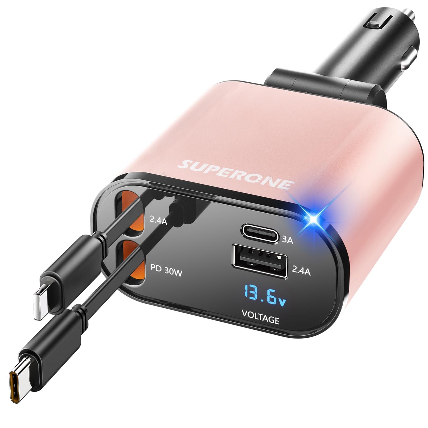 【Upgraded】 SUPERONE Retractable Car Charger 4 in 1, Fast Car Phone Charger with Cord 2.6ft, USB C and Apple Car Adapter, Compatible with iPhone 16 15/15 Pro Max/14/13/12/11, Galaxy, Pixel
