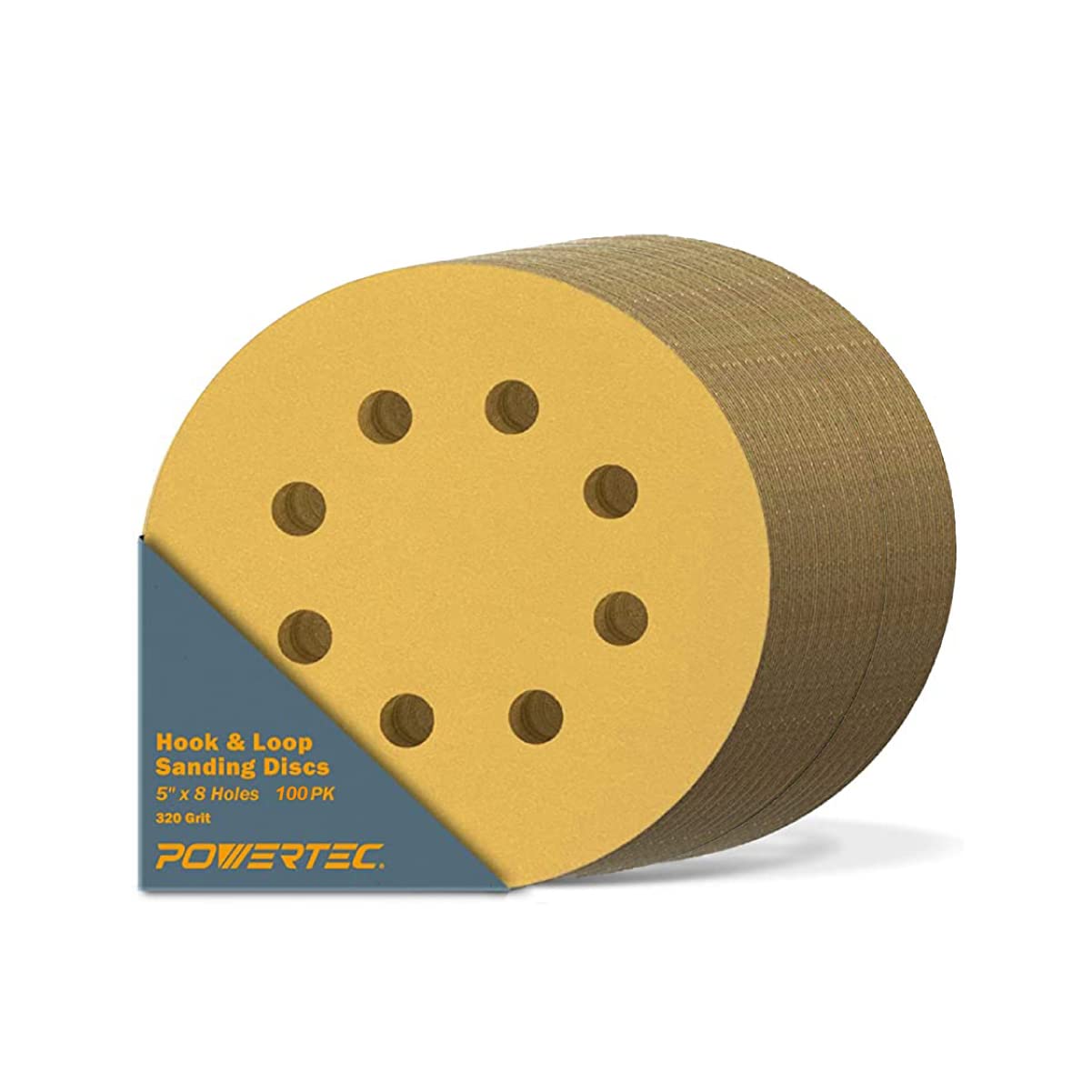 POWERTEC 50 PCS 220 Grit - 5 Inch 8 Hole Hook and Loop Sanding Discs, 5" Sanding Pads for Automotive, Drywall, Woodworking with Orbital Sander, Air, and DA Sander (44022G-50)