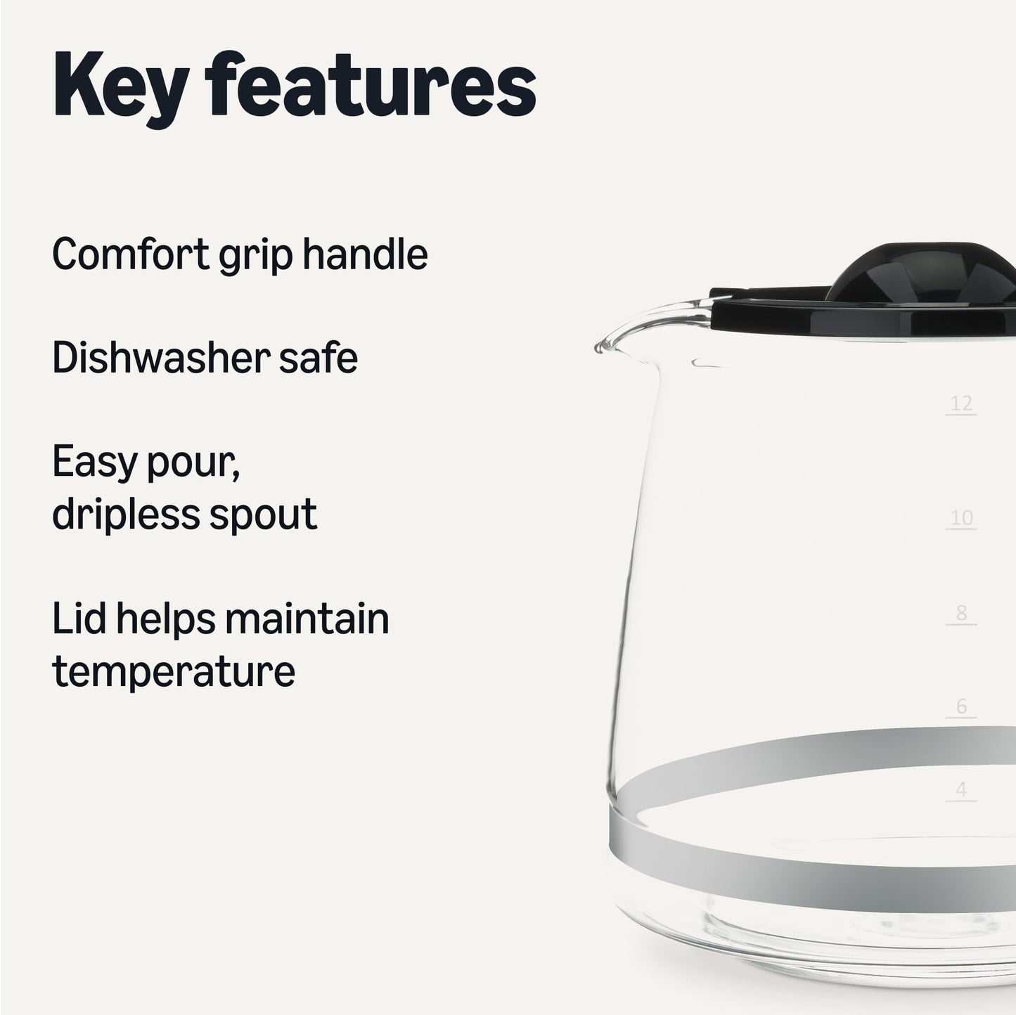 Amazon Basics 12-Cup Glass Replacement Carafe for Coffee Maker, Comfort-Grip Handle, Dripless Spout, Black