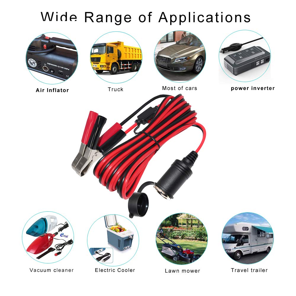 SPARKING 12FT 12V Female Car Socket Extension Cord with Battery Alligator Clips Car Battery Clip-on Extension Cable, 15A Fuse (12FT)