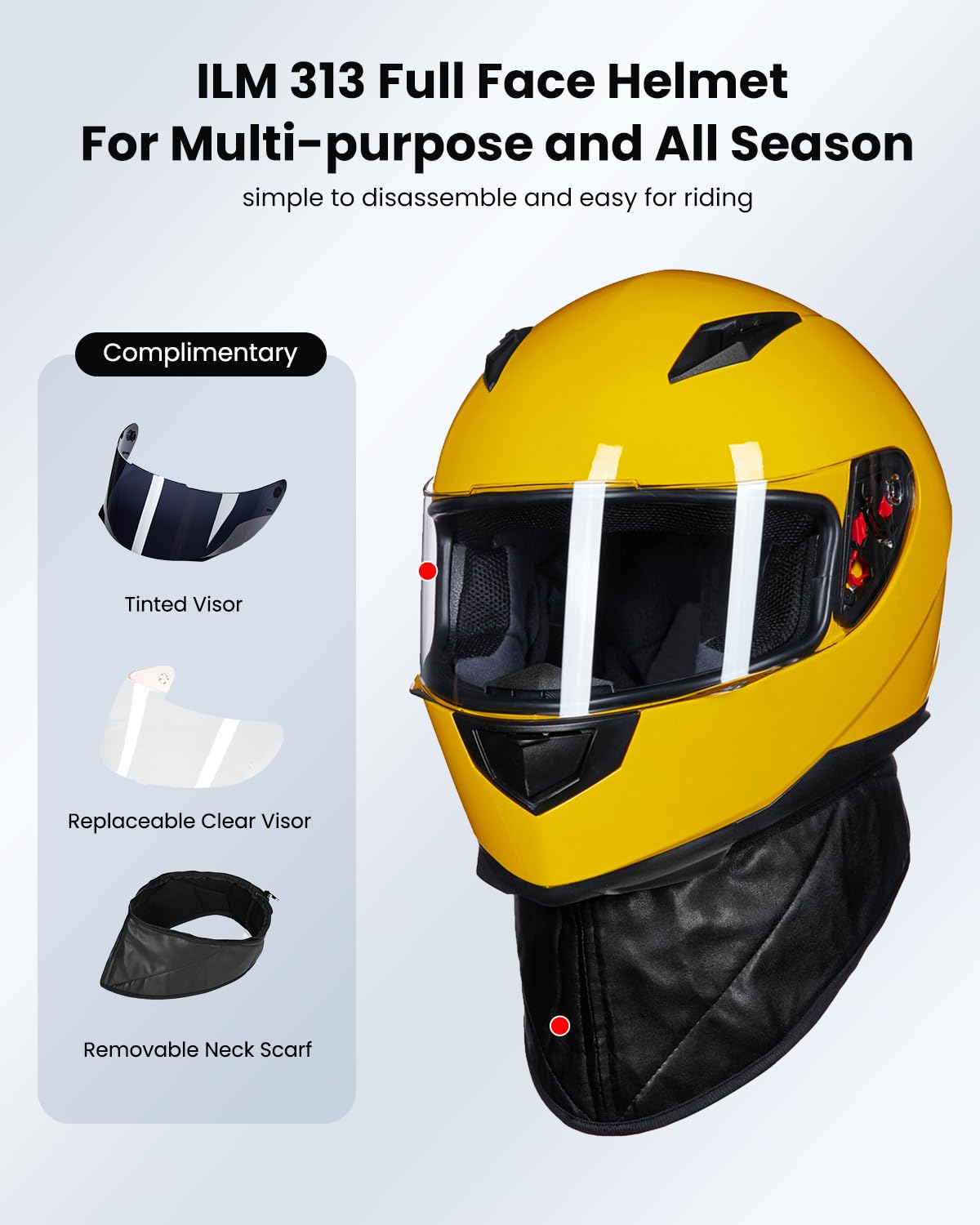 ILM Full Face Motorcycle Street Bike Helmet with Removable Winter Neck Scarf + 2 Visors DOT Model-JK313