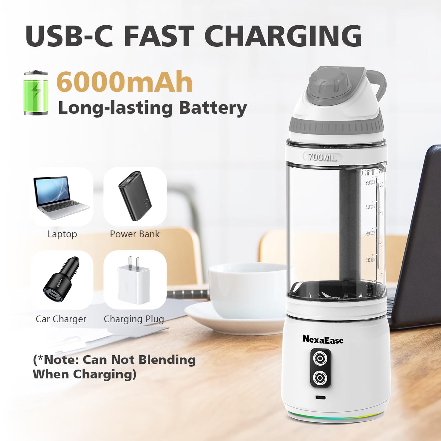 Portable Blender with Insulated Carrying Case & Recipe Book for Shakes and Smoothies, 24 OZ Personal Juicer Electric Protein Shaker Bottle, Mini Small Blender Cup with USB-C Rechargeable, Travel Lid