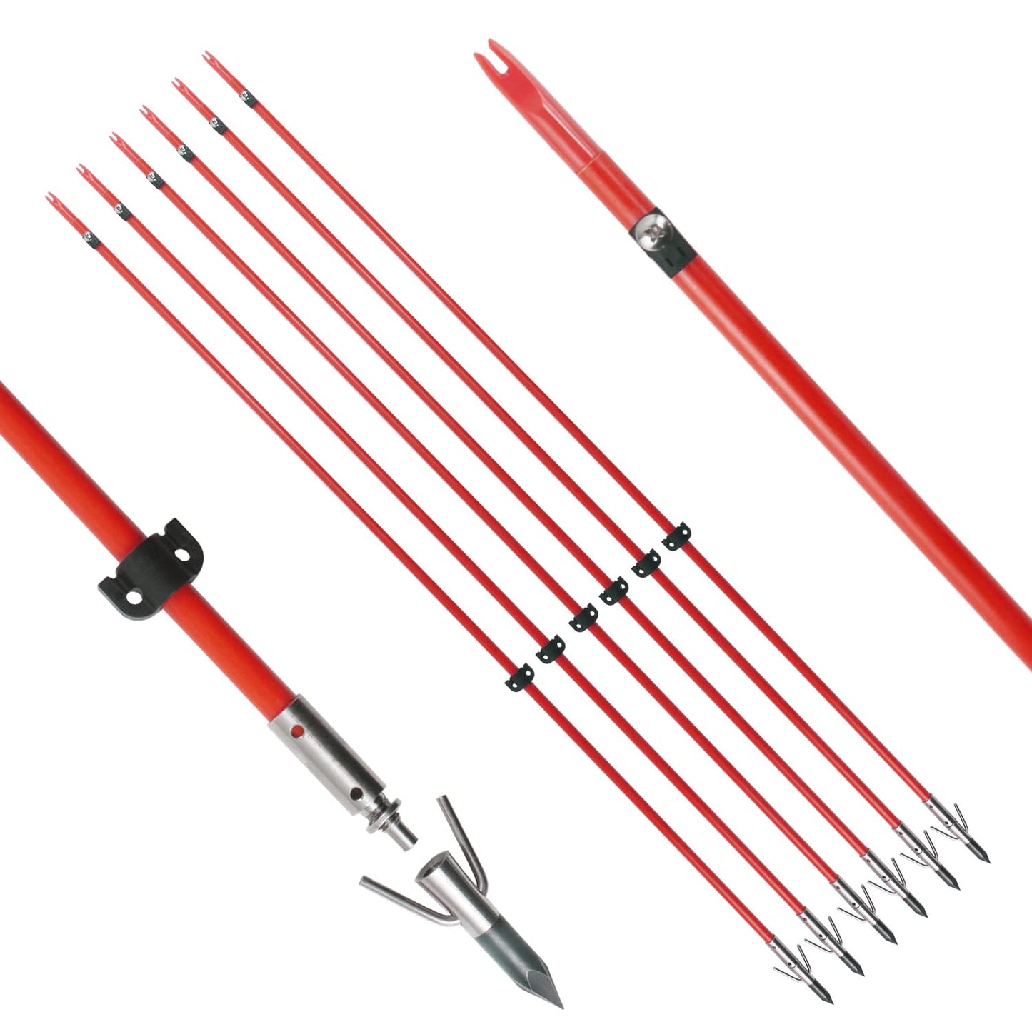 34inch Bowfishing Arrows Solid Fiberglass Shaft with Broadhead for Compound Bow and Recurve Bow Fishing Arrow Archery and Hunting (Pack of 6)
